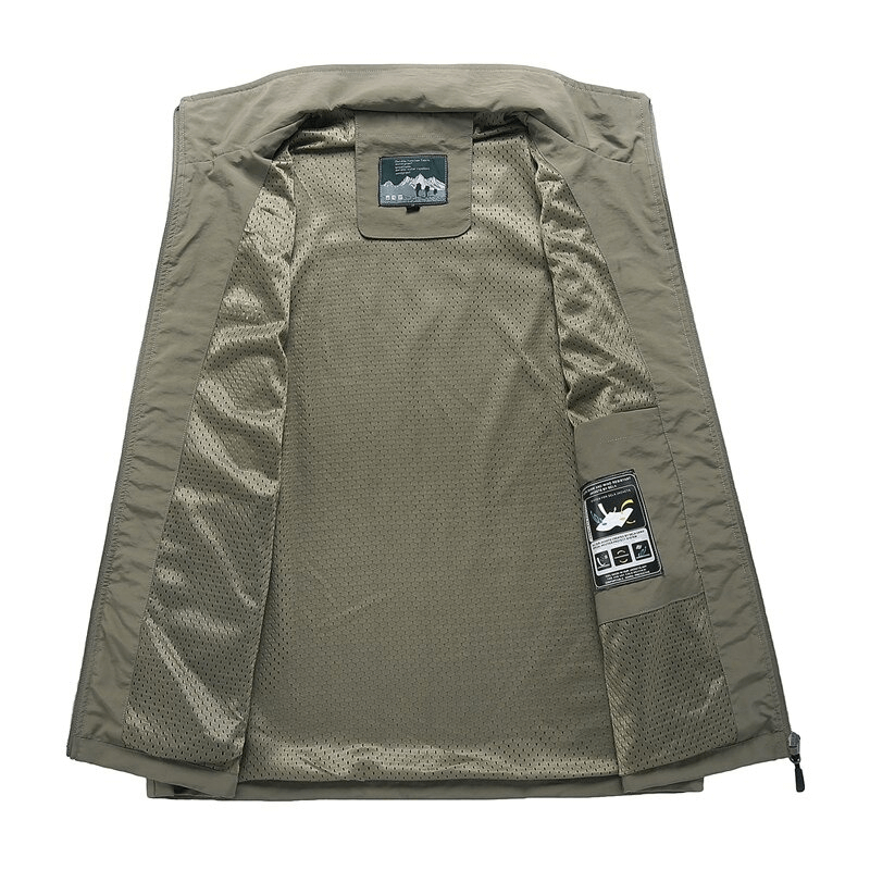Inside view of Casual Stand Collar Zipper Travels Vest SF0297, showing breathable lining and convenient pocket details.
